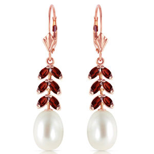 14K. GOLD LEVER BACK EARRING WITH GARNETS & PEARLS (Rose Gold)